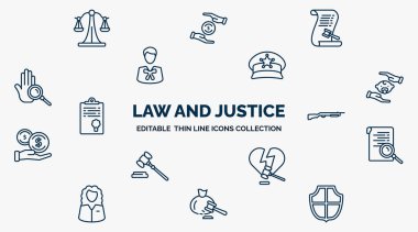 concept of law and justice web icons in outline style. thin line icons such as law balance, law paper, police cap, child custody, shotgun, investigation, divorce, inheritance defense vector.
