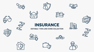concept of insurance web icons in outline style. thin line icons such as engine problems, shake hands, total loss, money insurance, inundation, life insurance, car luggage robbery vector.
