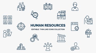 concept of human resources web icons in outline style. thin line icons such as interview, man, office, fired, approved, candidate, attrition, skills, behavioral competency vector.