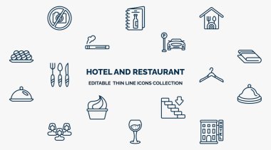concept of hotel and restaurant web icons in outline style. thin line icons such as no pictures, restaurant, parking, towels, hanger, reception bell, go down, wine glass, hotel vector.