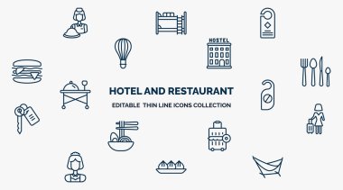 concept of hotel and restaurant web icons in outline style. thin line icons such as reception, door hanger, hostel, eating utensils, doorknob, guest, left-luggage, dim sum, hammock vector.