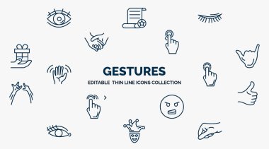 concept of gestures web icons in outline style. thin line icons such as watch dark eye, eyelid, pressing, surfing, drag down, thumb finger up, dissatisfaction, joker face, grab vector.