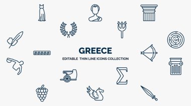 concept of greece web icons in outline style. thin line icons such as robe, pillar, poseidon, labyrinth, artemis, jonic column, sigma, pegasus, xifos vector.