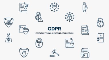 concept of gdpr web icons in outline style. thin line icons such as rectification, pendrive, eu, key, text file, penalty, code of conduct, auction, document vector.