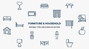 concept of furniture & household web icons in outline style. thin line icons such as glassware, table linens, chest of drawers, living room, window coverings, garbage bags, bedroom lamp, dinner