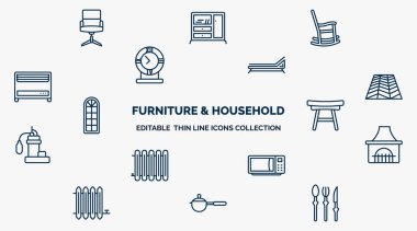 concept of furniture & household web icons in outline style. thin line icons such as office chair, rocking chair, lounger, floor, ottoman, chimney, microwave, small saucepan, silverware vector.