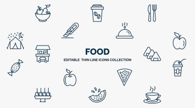 concept of food web icons in outline style. thin line icons such as fruit salad, knife and fork, hotel service, fruit, japanese sushi, plastic drinking cup, goiabinha, melon slice, hot drinks