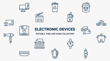 concept of electronic devices web icons in outline style. thin line icons such as devices, pressure cooker, food processor, dvd player, electric blanket, rice cooker, smartband, pertor, activity