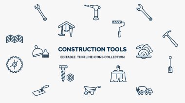 concept of construction tools web icons in outline style. thin line icons such as garage wrench, repair wrench, painter roller, brick hammer, circular saw, working shovel, builder brush, wheel