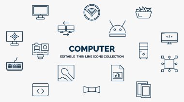concept of computer web icons in outline style. thin line icons such as monitor screen, chips, robotic, computing code, pc tower, square chip, data analyser, 3d screen, responsive de vector.