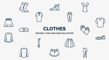 concept of clothes web icons in outline style. thin line icons such as women socks, chiffon suffle blouse, pegged pants, v neck shirt, wool gloves, leather shoes, tulle skirt, denim shorts, slit