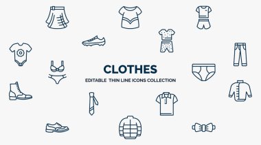 concept of clothes web icons in outline style. thin line icons such as kilt, pijama, pyjamas, jeans, briefs, windbreaker, polo shirt, puffer jacket, butterfly tie vector.