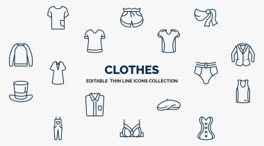 concept of clothes web icons in outline style. thin line icons such as t-shirt, shawl, jersey, blazer, knickers, basketball jersey, beret, brassiere, cor vector.