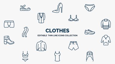 concept of clothes web icons in outline style. thin line icons such as sandals, panties, bra, pullover, sneaker, fleece, swim shorts, tanktop, ushanka vector.