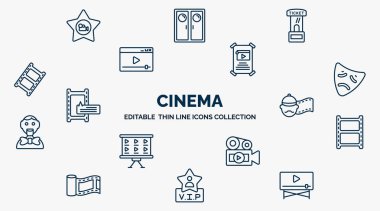 concept of cinema web icons in outline style. thin line icons such as film star, ticket window, film poster, tragedy, producer, photograms, footage, vip person, movie player vector.