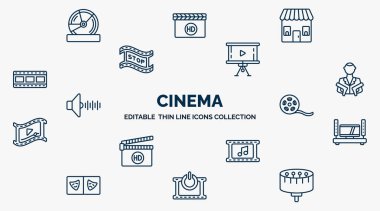 concept of cinema web icons in outline style. thin line icons such as dvd, ticket office, projector screen, hitman, movie reel, home cinema, soundtrack, turn on, zoetrope vector.