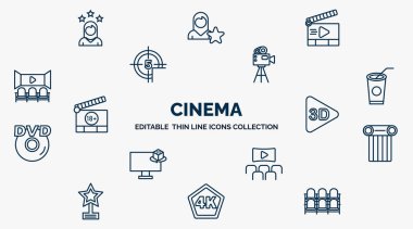 concept of cinema web icons in outline style. thin line icons such as actress, movie clapper open, old projector, papper cup with straw, 3d video, theatre pillar, theatre screen, 4k, theatre seats