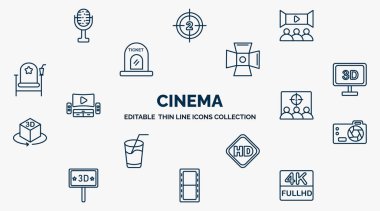 concept of cinema web icons in outline style. thin line icons such as studio mic, movie theater, cinema light source, 3 dimension screen, cinema audience, dslr camera, hd video, camera roll, 4k