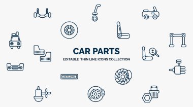 concept of car parts web icons in outline style. thin line icons such as car anti-roll bar, car soft top, bucket seat, torsion bar, air bag, distributor, disc brake, brake, wheel nut vector.