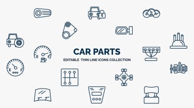 concept of car parts web icons in outline style. thin line icons such as car reversing light, car dashboard, wing mirror, distributor cap, manifold, alternator, universal joint, fascia (british),
