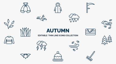 concept of autumn web icons in outline style. thin line icons such as cloak, scythe, rain, windy, blanket, pine, wind, winter hat, rake vector.