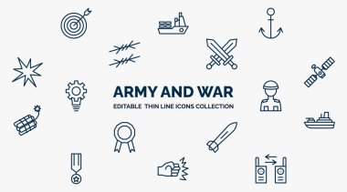 concept of army and war web icons in outline style. thin line icons such as target, anchor, combat, military satellites, soldier, militar ship, torpedo, assault, two way radio vector.