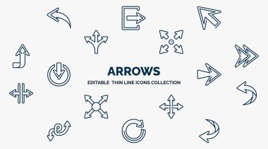 concept of arrows web icons in outline style. thin line icons such as back, diagonal arrows, expand, fast forward, right, left curve arrow, move, refresh, curved down left arrow vector.