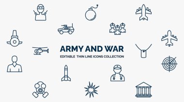 concept of army and war web icons in outline style. thin line icons such as guerrilla, fighter plane, brigade, plane, dog tag, militar radar, general, explosive, federal agency vector.