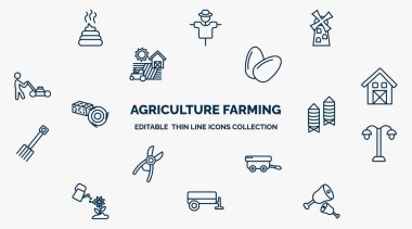 concept of agriculture farming web icons in outline style. thin line icons such as manure, flour mill, egg, shed, silo, lamppost, farm trailer, trailer, meat vector.