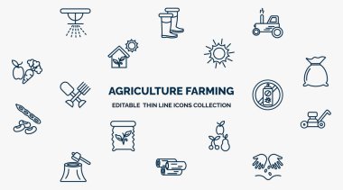 concept of agriculture farming web icons in outline style. thin line icons such as sprinkler, harvester, sunny, sack, pesticide, mower, fruit, wood logs, plant seeds vector.