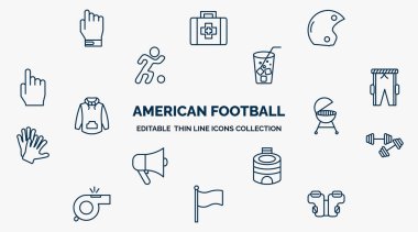 concept of american football web icons in outline style. thin line icons such as glove for, helmet, soda drink, practice pants, with wheels, barbell, stadium cylinder, flag, padded shirt vector.