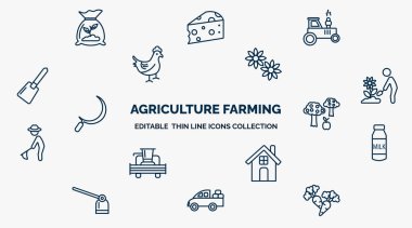 concept of agriculture farming web icons in outline style. thin line icons such as fertilizer, tractor, spring flower, planting, monoculture, milk jar, farm house, pickup, carrots vector.