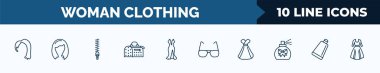 set of 10 woman clothing web icons in outline style. thin line icons such as hair wig with side, shoulder length, zip, fashionable hand bag, sexy female dress, rectangular eyeglasses, female dress,