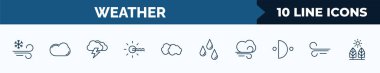 set of 10 weather web icons in outline style. thin line icons such as blizzard, cumulus, thunderbolt, foggy day, altostratus, raindrops, gust, breeze vector illustration.