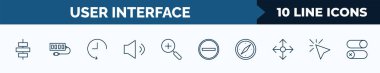 set of 10 user interface web icons in outline style. thin line icons such as horizontal alignment, usb port, history, medium volume, zoom, subtraction, navigator, cursor vector illustration.