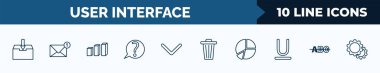 set of 10 user interface web icons in outline style. thin line icons such as file inbox, new message, 3d bars, question button, bottom arrows, trash bin, pie chart organization, strikethrough vector