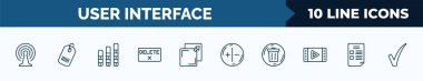 set of 10 user interface web icons in outline style. thin line icons such as connection, shopping label, vertical bar, delete button, new tab button, white balance, delete round button, blank file