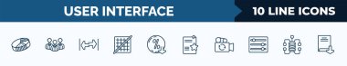 set of 10 user interface web icons in outline style. thin line icons such as pie with four areas, humans, width, grid off, less percentage, documents with a star, switch video, data connection