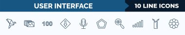 set of 10 user interface web icons in outline style. thin line icons such as paper bird, photo album, one hundred, low, mic interface, gradient, detective search, wiring vector illustration.