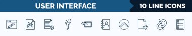 set of 10 user interface web icons in outline style. thin line icons such as gross pencil, remove right frame, add new document, selective, window back button, contact notebook, top button,