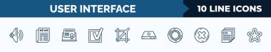 set of 10 user interface web icons in outline style. thin line icons such as high volume loudspeaker, folded newspaper, digital certificate, check box, crop button, tiny power, hue circle, multiple