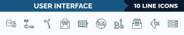 set of 10 user interface web icons in outline style. thin line icons such as download archive, internet modem, magic wand button, envelope with message, open diary, email envelope button, letter i,
