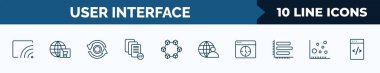set of 10 user interface web icons in outline style. thin line icons such as stream, cart interface, data looping interface, white paper, data interconnected, user window time, scatter circle vector