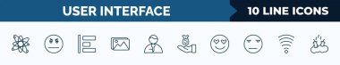 set of 10 user interface web icons in outline style. thin line icons such as nuclear cells, angry smile, object alignment, images, news reporters, earn money, in love smile,   vector illustration.