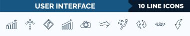 set of 10 user interface web icons in outline style. thin line icons such as increasing, dotted up arrow, right curve, evolution, back up, undulating arrow, air outlet, arrow with scribble vector