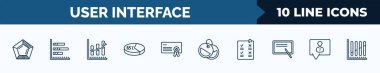 set of 10 user interface web icons in outline style. thin line icons such as pentagonal chart, bars chart page, increasing data, percentage chart, rectangular certificate, labels, confirmity,