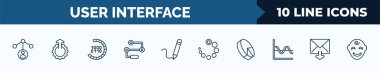 set of 10 user interface web icons in outline style. thin line icons such as user data analytics, upload up, binary code loading, flow chart interface, pen writing a line, loading process, 3d pie