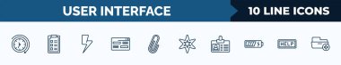 set of 10 user interface web icons in outline style. thin line icons such as anti clockwise, form, lightning flash, looking, shaped paper clip, pointed star, personal credentials, help web button