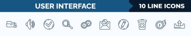 set of 10 user interface web icons in outline style. thin line icons such as unlock folder, loud audio, tick box, glass material, hours, new email envelope, edit button, past vector illustration.