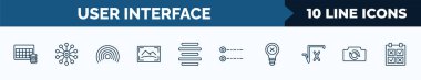 set of 10 user interface web icons in outline style. thin line icons such as table for data, data analytics wheel, wi-fi, photo size, justify, radio button, bad idea, switch camera vector